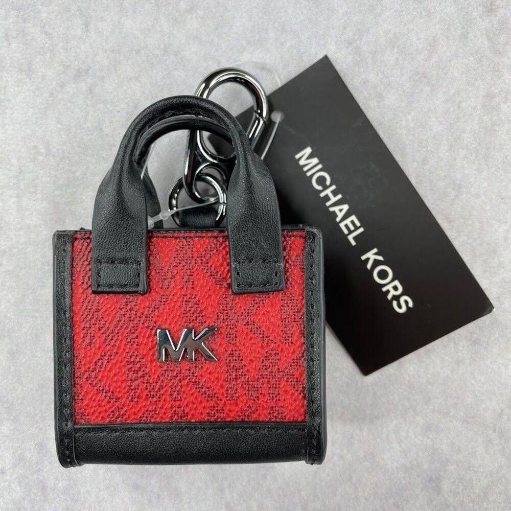 Michael Kors Micro Signature Logo Case Red Bag Charm Keychain Pod Case $168 NEW